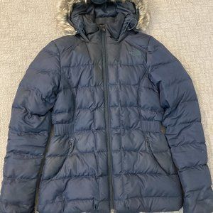 The North Face 550 Women's Sz XS Goose Down Puffer Jacket Faux Fur Hood Blue